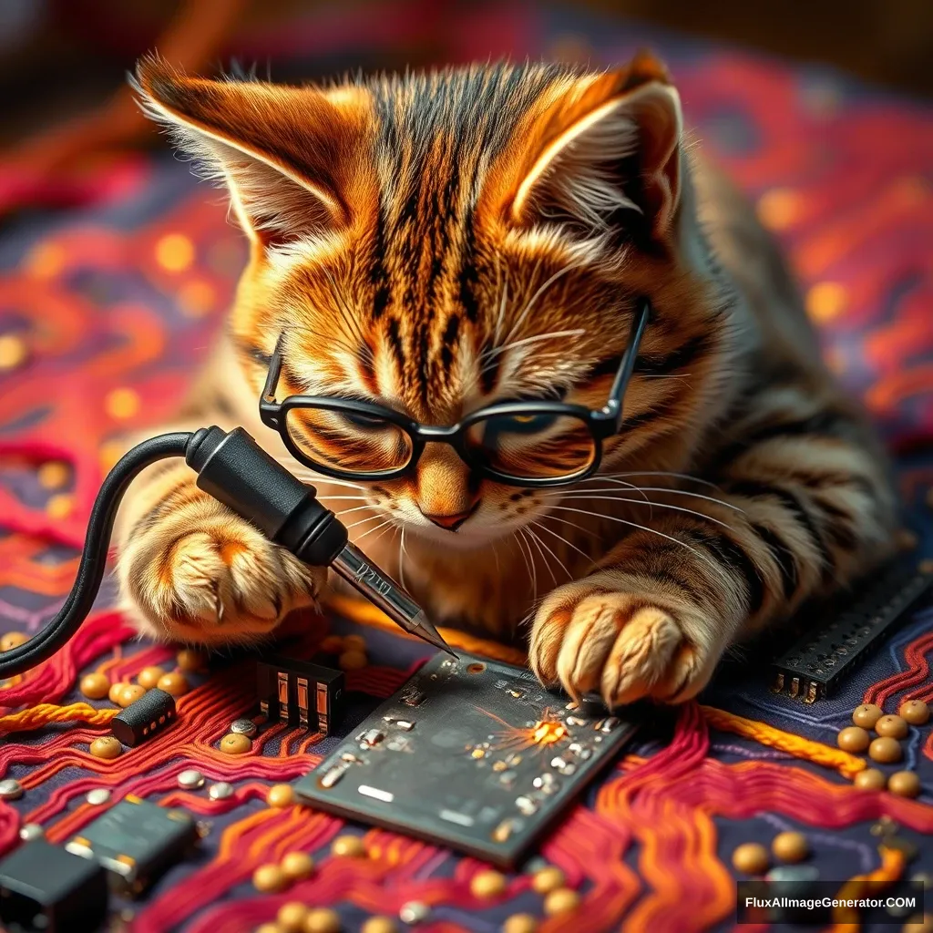 A mischievous tabby cat, wearing tiny spectacles, meticulously solders a circuit board with an iron. Vibrant threads weave intricate patterns, mimicking electronic pathways. Warm lighting. Delicate French knots form components. Style: Hyper-realistic embroidery art, blending traditional craftsmanship with modern technology. - Image