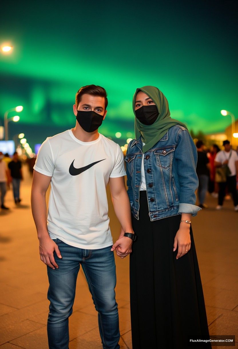 Jamie Dornan, handsome, black face mask, white Nike t-shirt, jeans, sneakers, dating romantically with a Muslim girl in a green hijab, beautiful eyes, black face mask, denim jacket, longest skirt, not tall, holding hands, photorealistic, street photography, full photography, selfie photos, night scenery, aurora.