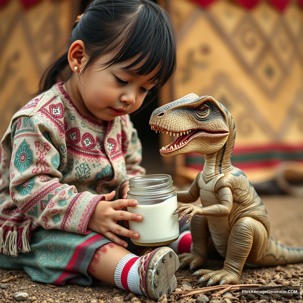 Close-up shot of a little Mongolian girl sitting on the ground and feeding a little baby dinosaur T-rex cub Mongolian yogurt from a glass jar and stroking its head, Mongolian yurts, steppe Gobi Mongolia, realistic photo, 4K, masterpiece, intricate, highly detailed.