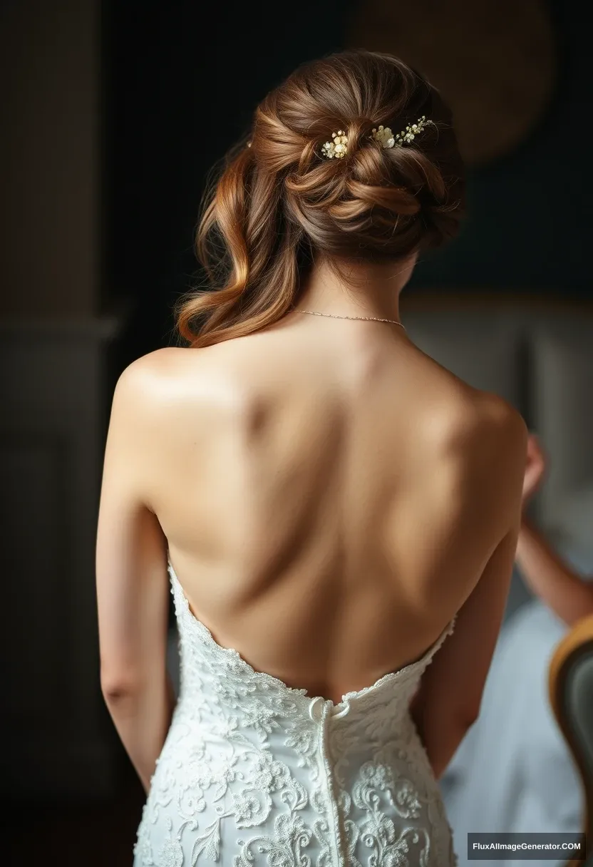 a young woman, sensitive, delicate, ashamed, backless strapless wedding dress - Image