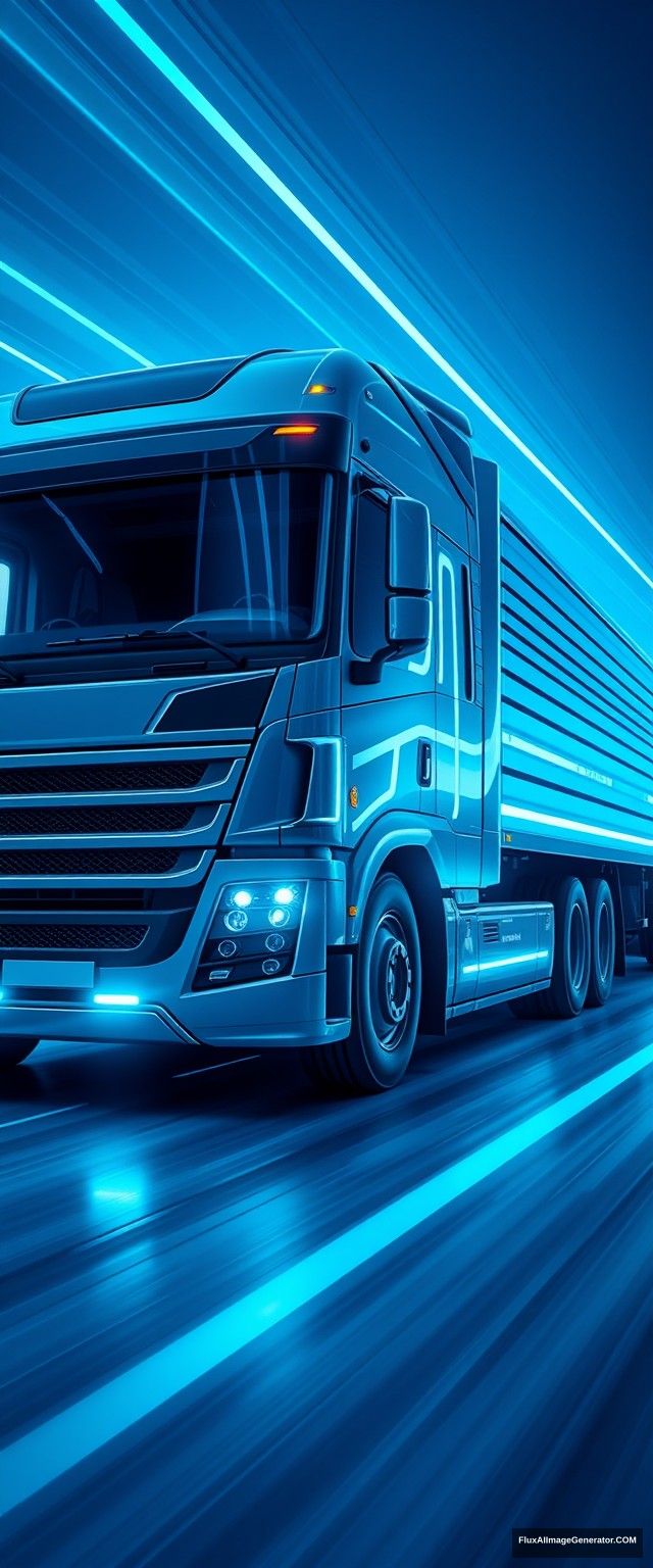 The truck has simple and dynamic lines, driving high-tech trucks, speed lines, glow, the overall picture is bright and clean, full of future, science and technology, blue atmosphere, showing the whole body, panoramic view. - Image