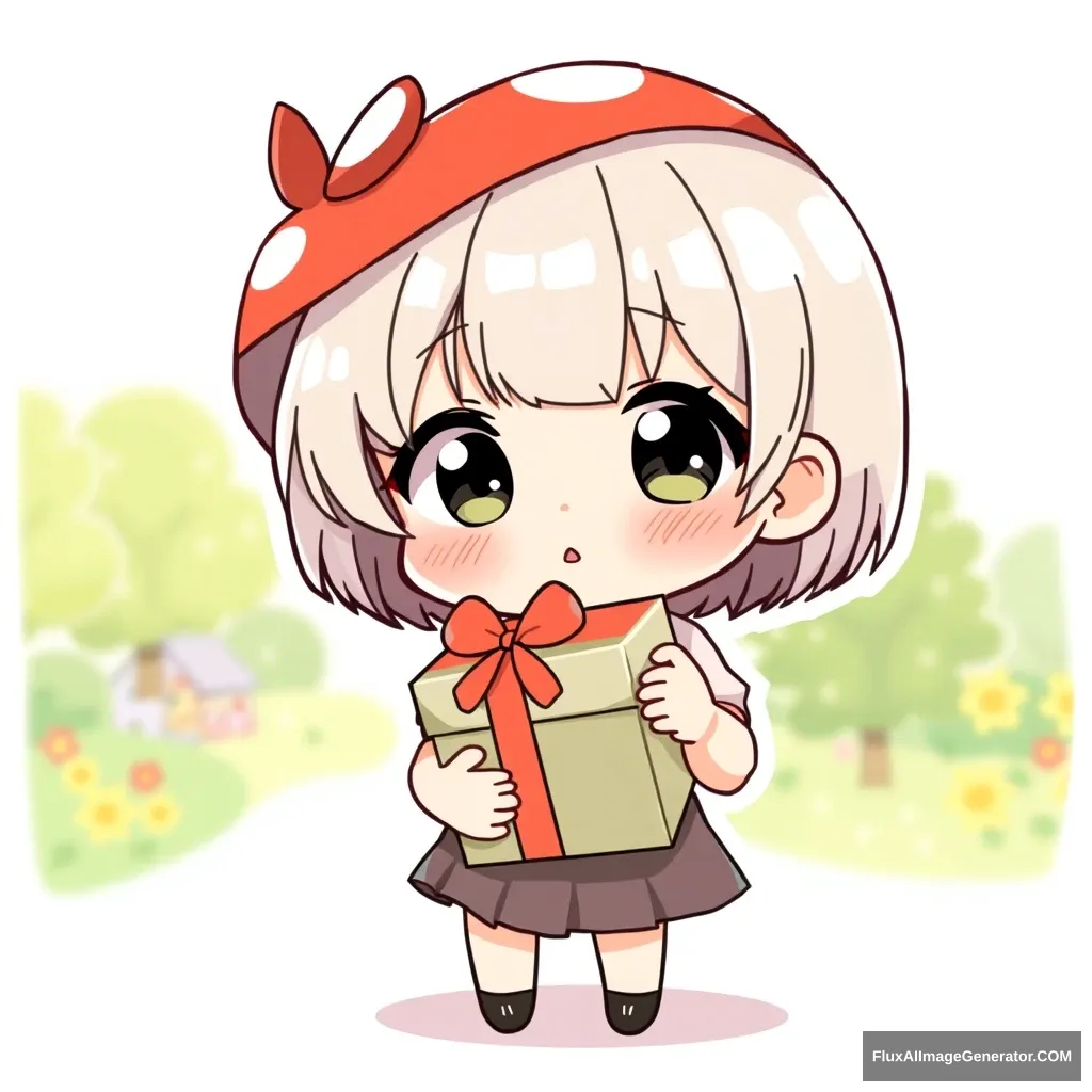 A little girl holding a snack gift box, in a chibi style, with a mushroom haircut, wearing a dress, against a background of the beginning of summer.