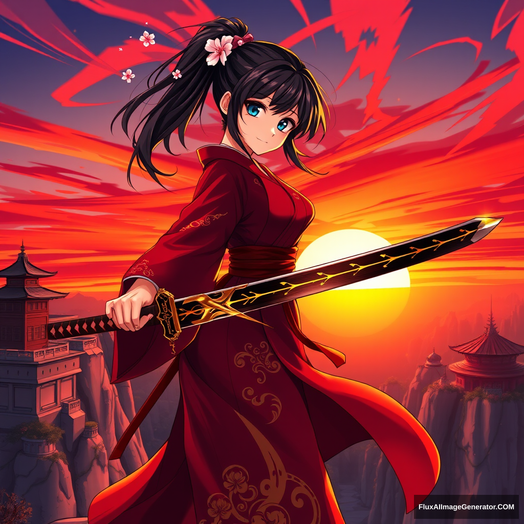 A fierce anime girl dressed in a flowing, crimson kimono with intricate gold embroidery stands tall and confident on the edge of a cliff overlooking a breathtaking sunset. Her long, raven hair is swept back into a high ponytail adorned with a single cherry blossom, fluttering in the wind as it dances around her. The girl's eyes are sharp and focused, a piercing blue that mirrors the sky as she grips the hilt of an ancient, gleaming sword with both hands. The sword itself is a masterpiece, its blade a deep shade of obsidian with a delicate pattern of golden lightning bolts etched along its length, reflecting the warm hues of the setting sun. Her posture is one of readiness and determination, as if she's about to charge into battle to protect her world from an unseen evil. The landscape around her is a blend of traditional Japanese architecture with futuristic elements, indicating a world where the past and present coalesce into a vibrant, imaginative future. The sky is ablaze with streaks of red and orange, casting dramatic shadows across her face and the cliff, emphasizing her silhouette and the gravity of the moment. The scene is filled with an aura of power and beauty, as the girl's unyielding spirit becomes one with the weapon she wields, ready to face any challenge that may arise in the twilight of her world.