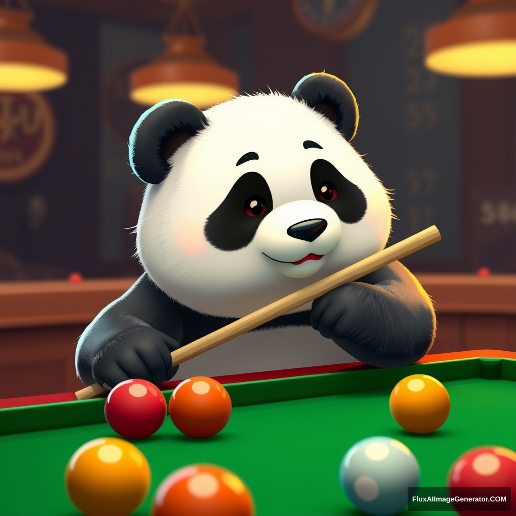 A cute fat panda is playing billiards, c4d. - Image