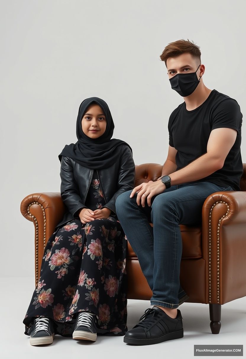 A black hijab burqa girl, slim girl, beautiful eyes, black leather jacket, biggest floral long dress, black leather sneakers, sitting on a leather single wing sofa, Jamie Dornan, youngest, black t-shirt, jeans, black leather sneakers, tall man, black face mask, fit body, sitting near her, hyper realistic, studio photography.