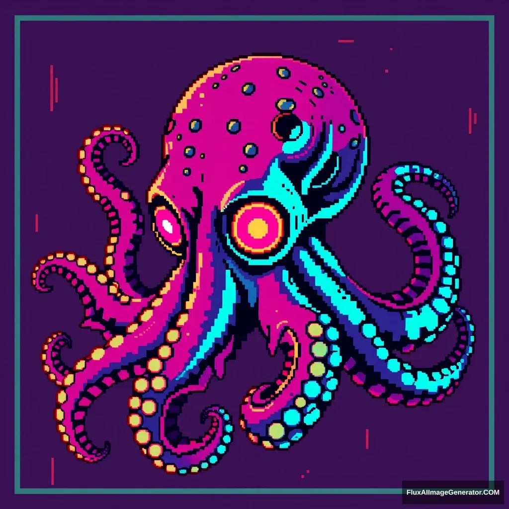 "Cyberpunk style octopus pixel art, with richer colors."