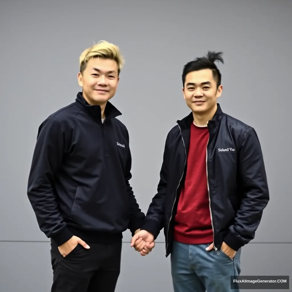 Blonde Asian man and pony-tailed hair Asian man standing in front of the wall holding each other's hand.