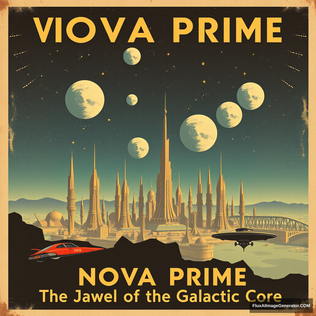 A vintage-style travel poster for a fictional planet. The poster features a retro-futuristic cityscape with flying cars and towering spires against a starry sky with multiple moons. In bold, stylized letters at the top, the text reads 'VISIT NOVA PRIME' and at the bottom in smaller text 'The Jewel of the Galactic Core'. - Image