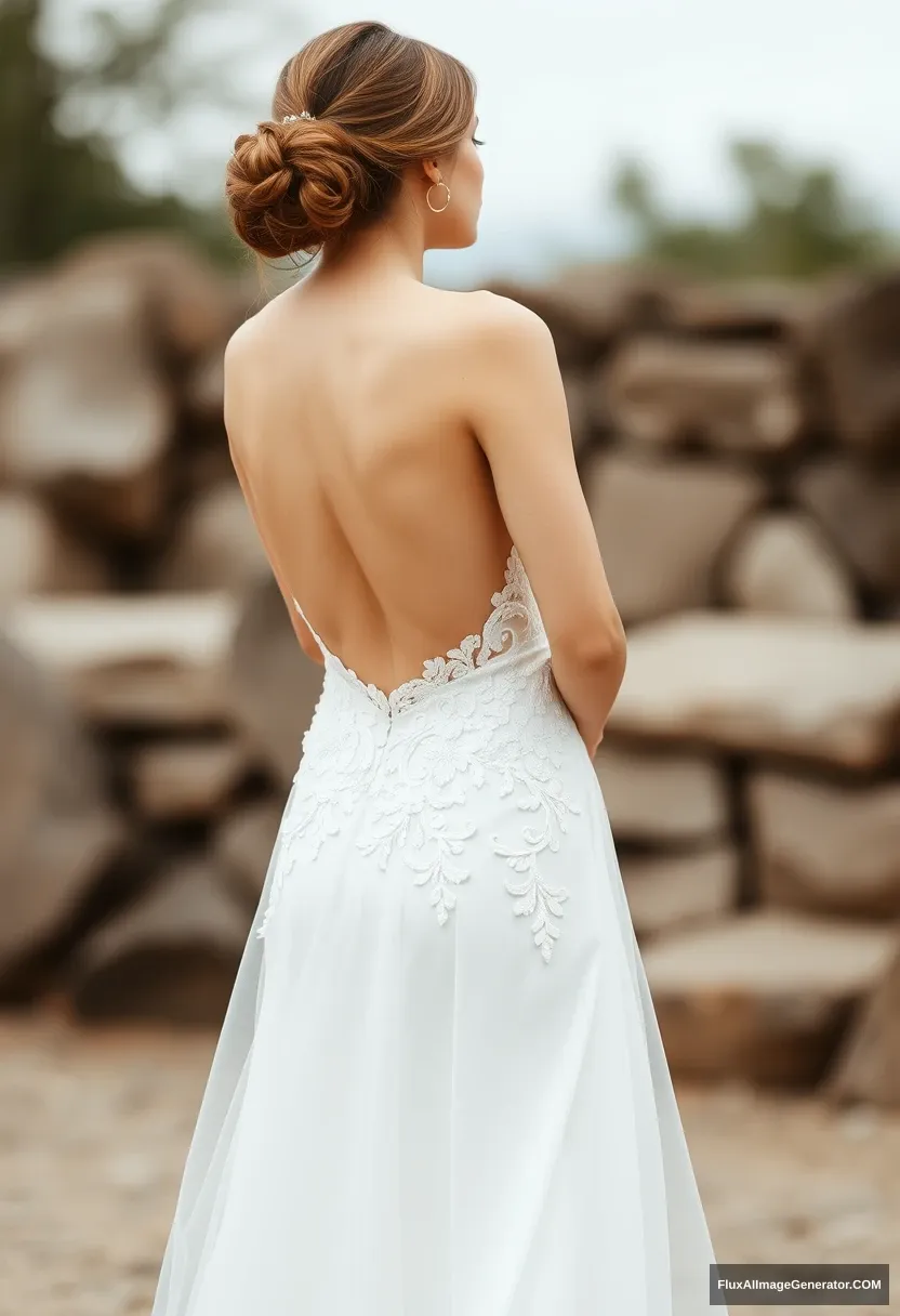 a young woman, sensitive, delicate, ashamed, backless strapless wedding dress