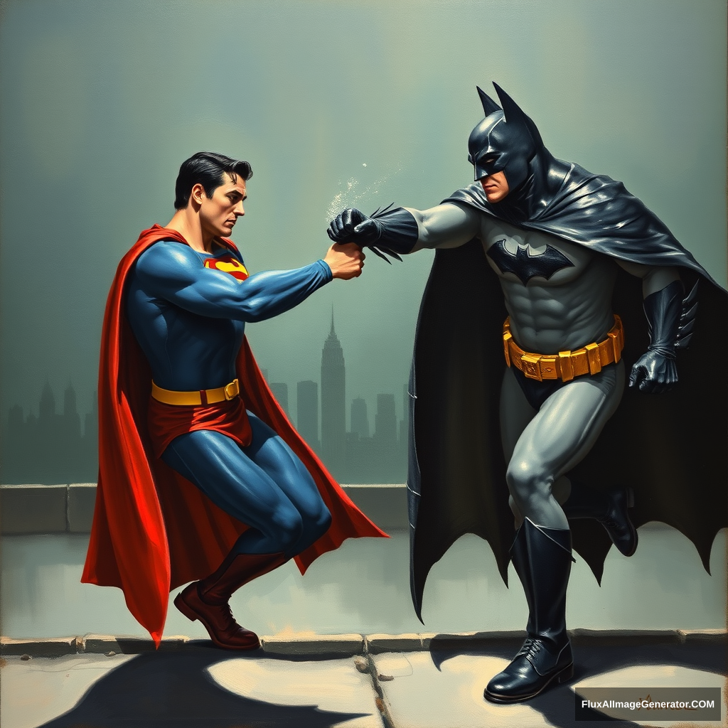 Oil painting of Superman and Batman punching each other in the style of Edward Hopper's Nighthawks.