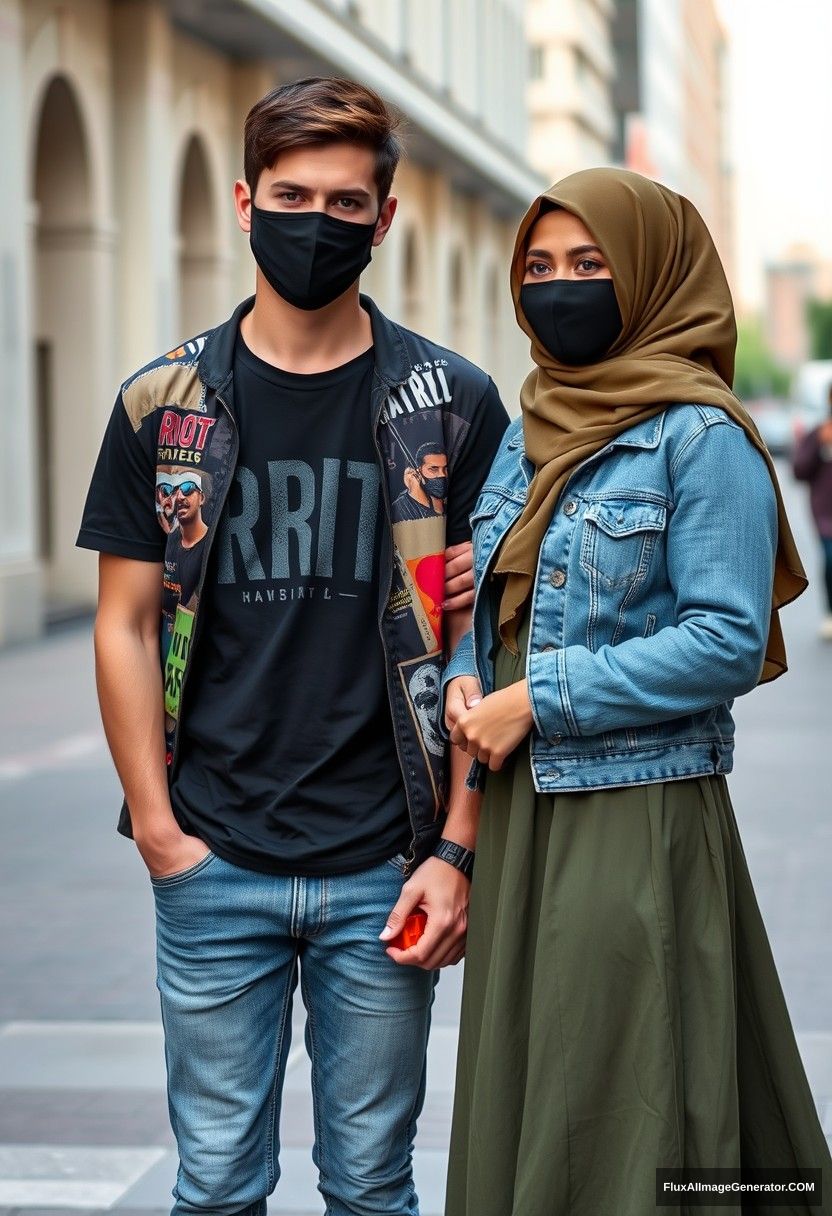 Jamie Dornan, young, black face mask, black T-shirt, riot collage jacket, jeans, red sneakers, dating romantic relationship with a hijab-wearing army green Muslim girl, beautiful eyes, black face mask, jeans jacket, longest skirt, not tall girl, photorealistic, street photography, full photography.