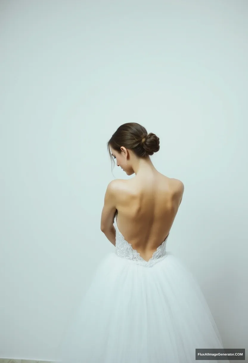 A young woman, sensitive, delicate, ashamed, wearing a backless strapless low-waisted airy tutu-inspired wedding dress.