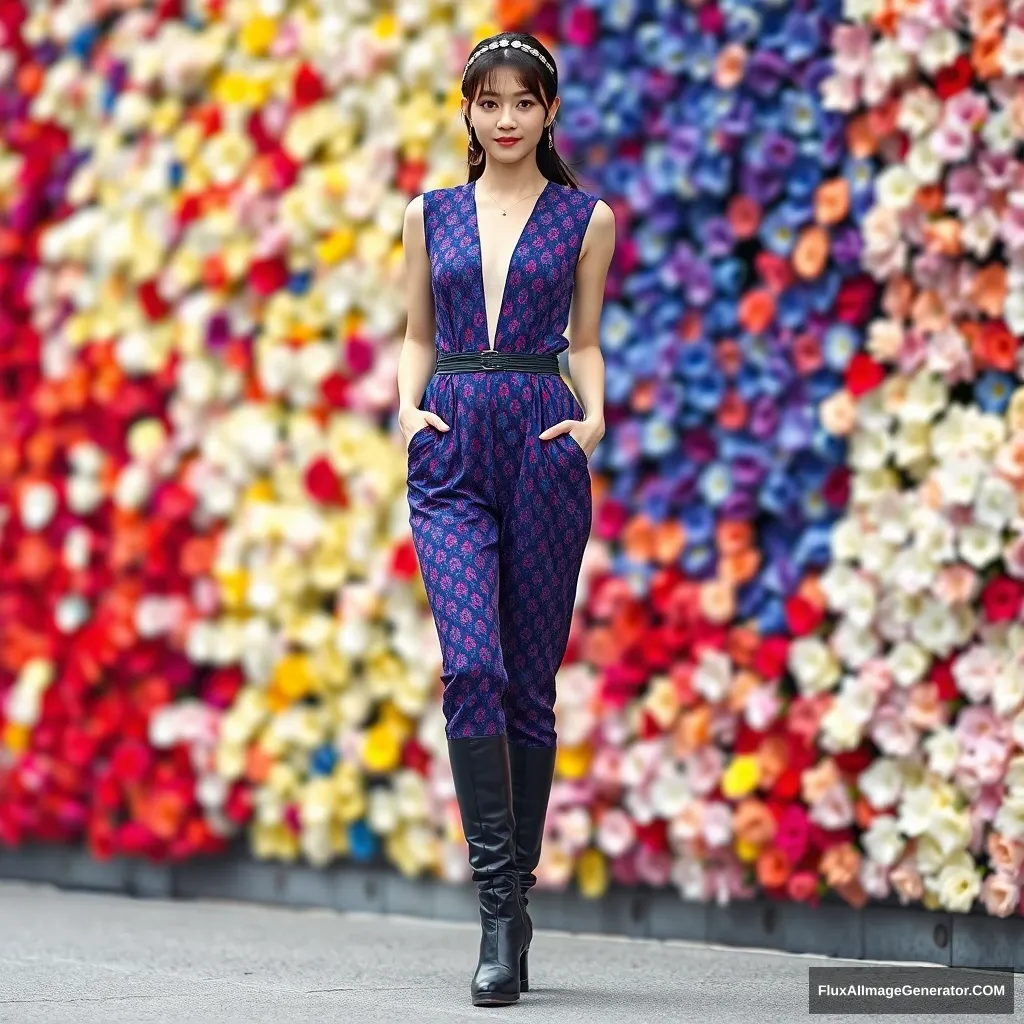 A Korean female fashion model (elegant and gorgeous) is wearing a jumpsuit-styled one-piece (colorful patterned based on blue), leather long boots, with a silver hairpiece. The front of the top is open, in front of a colorful flower wall (defocused). - Image