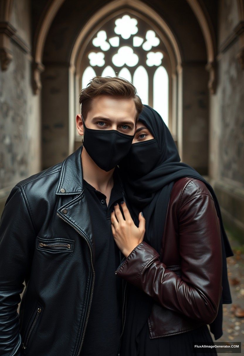 Jamie Dornan's head and body shot, handsome, face mask black, black leather jacket, dating, love with the biggest black hijab Muslim girl, beautiful eyes, face mask, maroon leather jacket, biggest black skirt, hyper realistic, studio photography, full body photo, explore at abandoned castle.