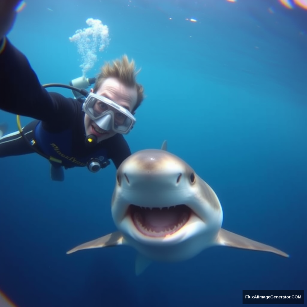 'The diver takes a selfie with a shark.'