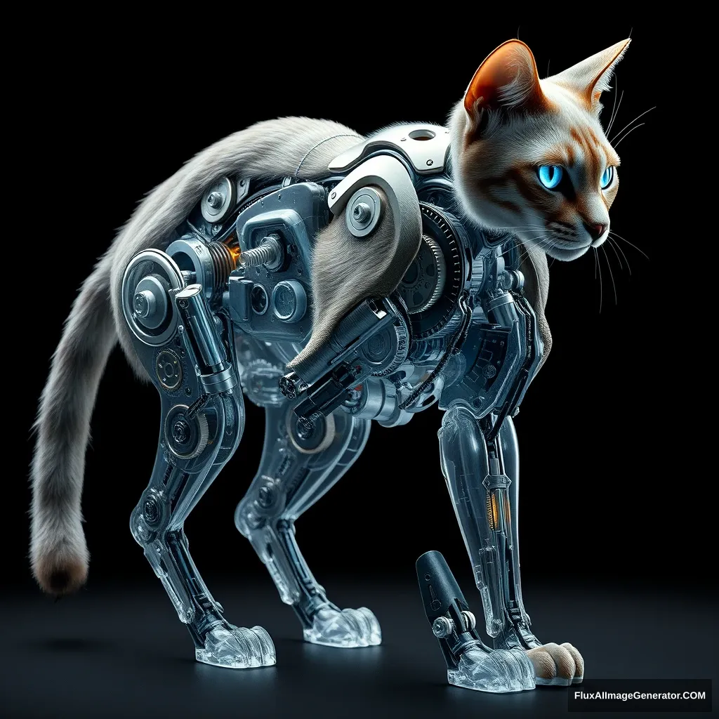 A biomechanical feline, its sleek fur parting to reveal intricate gears and pulsing circuits within translucent legs. Hyperrealistic rendering captures every metallic glint and synthetic muscle fiber. The cat's eyes glow with eerie intelligence, blending organic grace with cold, calculated precision. - Image