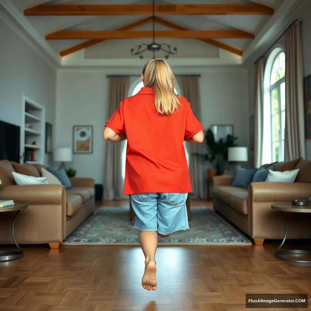 Front view of a blonde skinny woman in her massive living room, wearing an extremely oversized red polo shirt that is very lopsided on one shoulder, and big light blue denim shorts that reach her knees. She is barefoot, facing the camera as she gets up from her chair and runs toward the camera with both arms straight down by her sides.