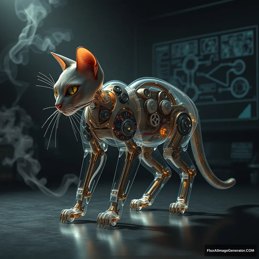 A biomechanical feline, its translucent legs revealing intricate gears and pulsing circuits, stands poised in a dimly lit laboratory. Hyper-realistic rendering captures every whisker, metallic sheen, and flowing wire. Steam rises, mixing with holographic blueprints. Shadows dance, echoing Da Vinci's anatomical studies. - Image