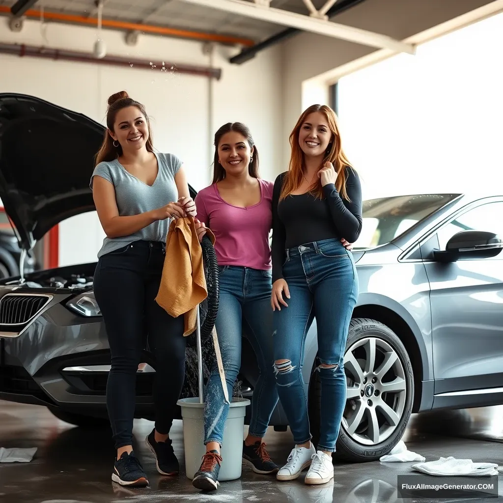 3 very large chested female college students washing a car. - Image