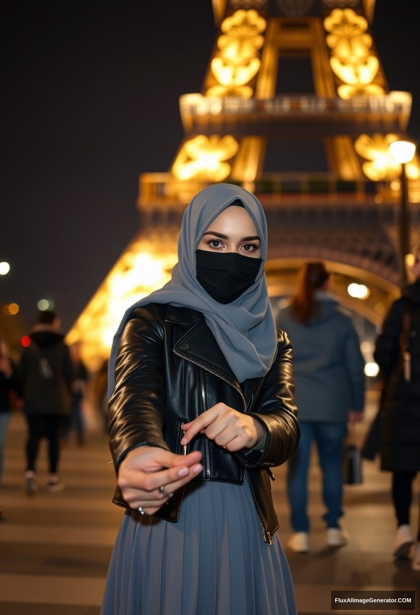 Biggest grey hijab Muslim girl, beautiful eyes, black face mask, leather jacket, biggest longest skirt, standing near the Eiffel Tower, night scenery, strangers back, hyper realistic, photorealistic, street photography, hold someone's hand from opposite, come hold my hand.