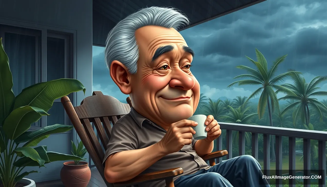 Caricature of a big head, big, big, big  
Image of a 60-year-old Thai grandfather, handsome and good-looking  
Sitting on a rocking chair, sipping hot coffee, relaxing on the balcony of a house in Chonburi, enjoying the morning atmosphere with dark blue clouds, a cool breeze in front of the house, with a garden, banana trees, coconut trees, and a heavy rain atmosphere  
Oil painting, sharp 3D, 40k.