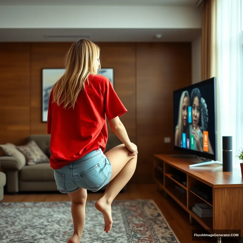 Back view of a young blonde skinny woman who is in her early twenties is in her massive living room wearing a massively oversized red polo t-shirt which is really off balance on one of the shoulders and the bottom part of her t-shirt is tucked in. She is also wearing light blue denim shorts and she is wearing no shoes or socks. She faces her TV with a shocked face and she dives into the magical TV head first.