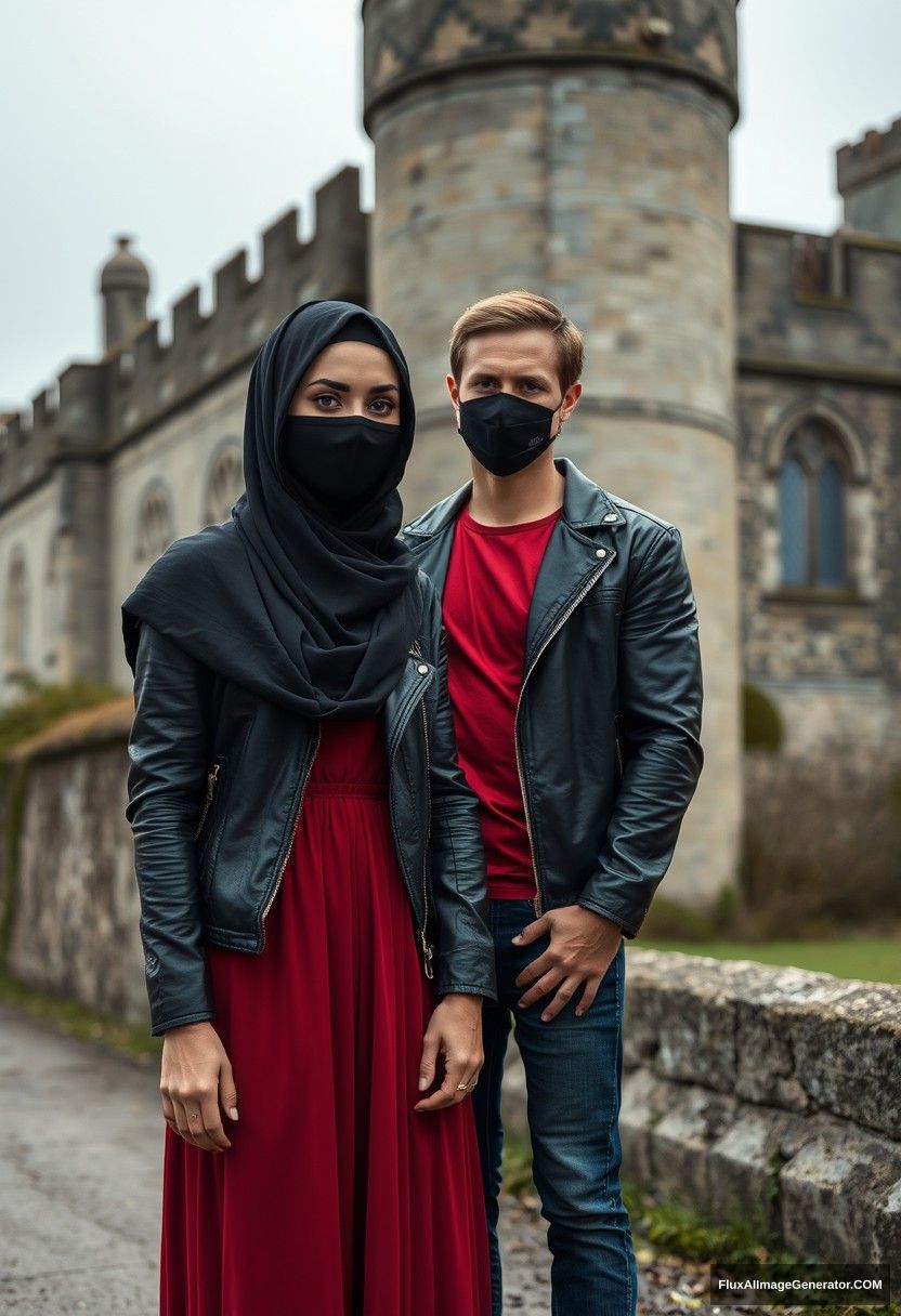 A big black hijab girl, beautiful eyes, black face mask, black leather jacket, long red dress, not tall,

Jamie Dornan, handsome, black face mask, fit and tough body, red metal t-shirt, black leather jacket, jeans, tall man,

standing near a wall together, 
Hyper-realistic, photorealistic, street photography, Victoria's abandoned castle, gloomy. - Image