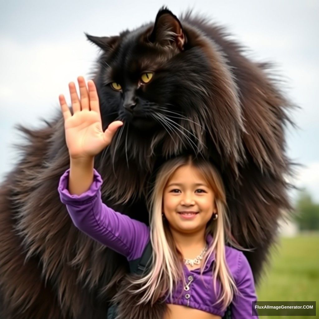 A girl wearing a purple hip-hop style lifted her hand and touched a huge black cat, taking a real photo.