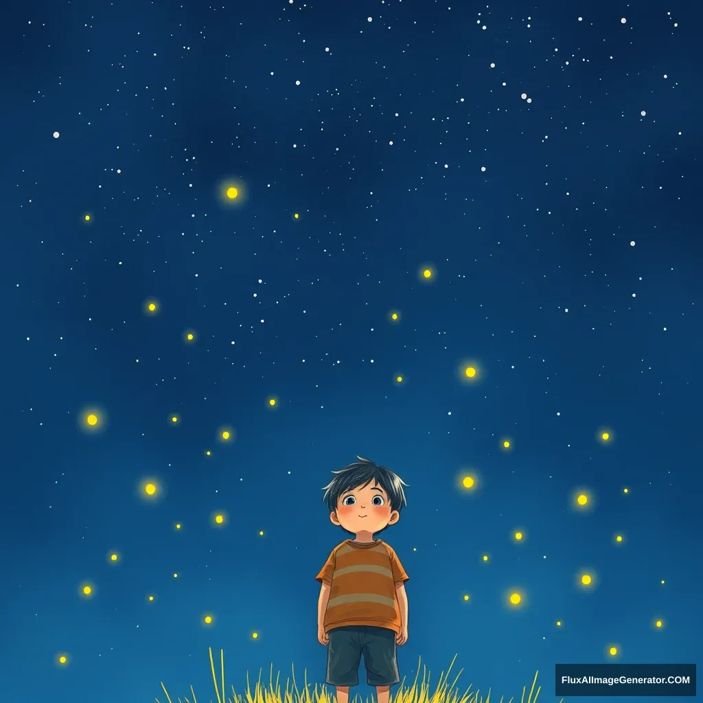 At night, a little boy stands under a starry sky, surrounded by fireflies. - Image