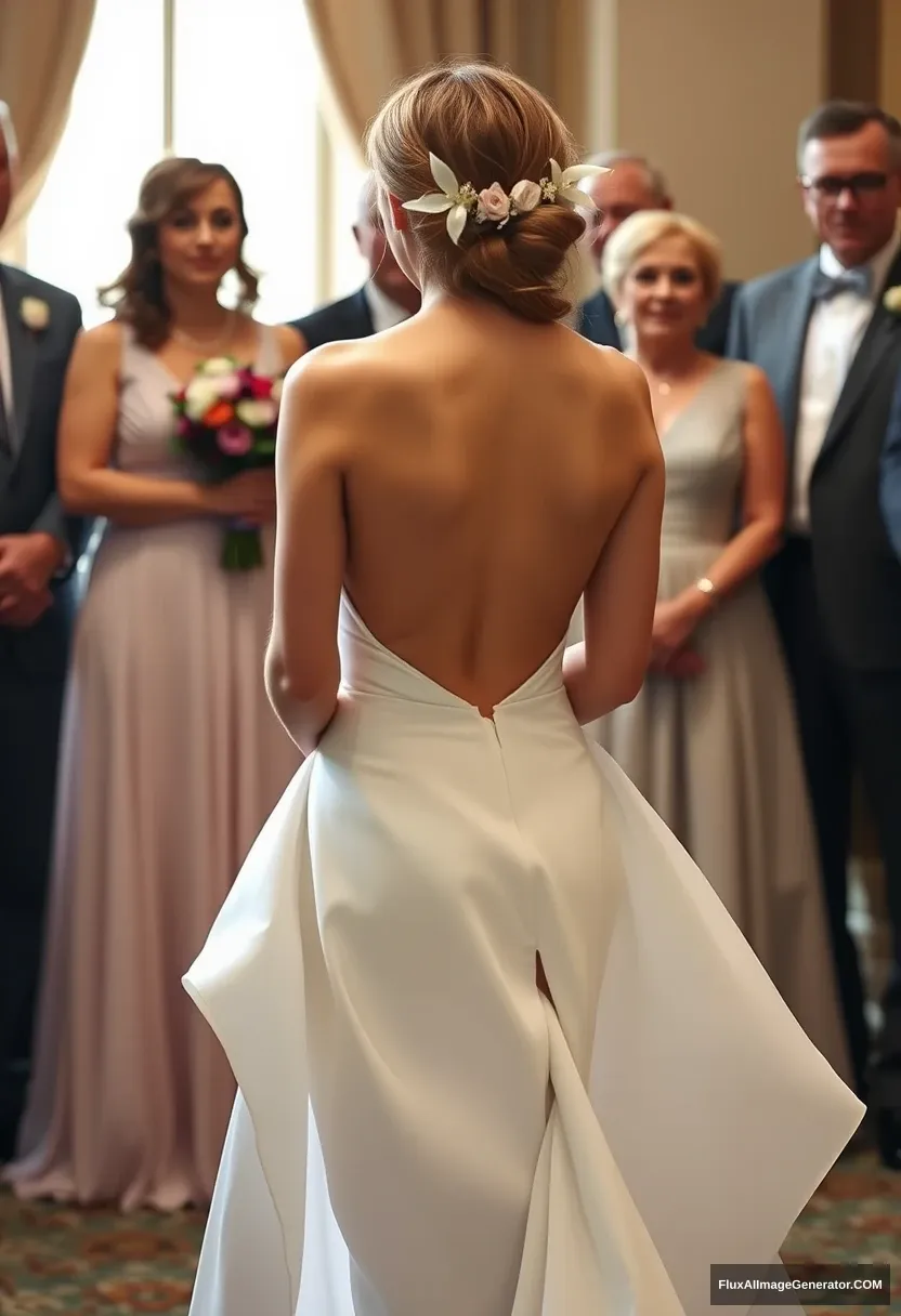 a short young woman, sensitive, delicate, backless strapless side-less low-waisted contouring wedding dress with a breezy loose open back spilling open to the sides, that seems like it was intentionally left undone, in front of elder patriarchy. Expectations. Perfect posture. Pale skin.