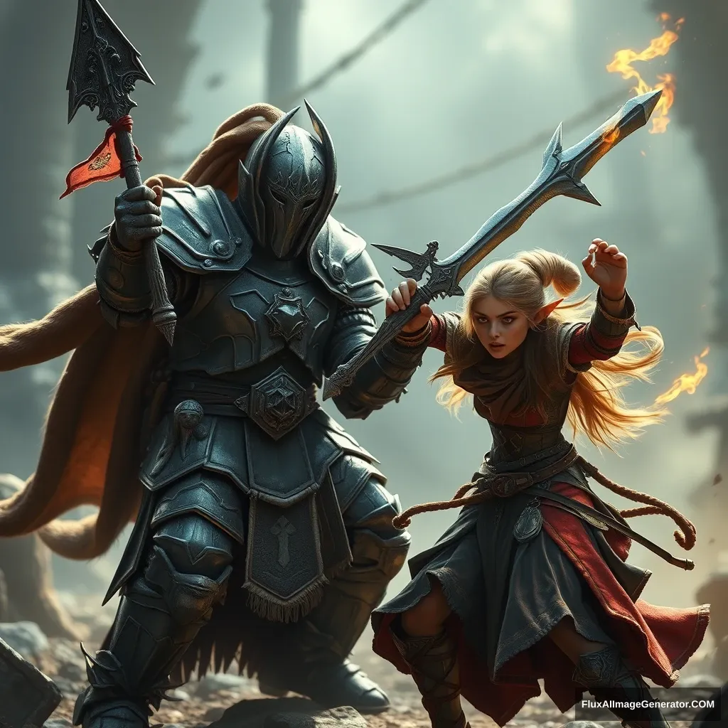 A girl elf wizard is attacking an orc knight, Warhammer 40000 style, in a hyper-realistic photo, 8K, made with Unreal Engine. - Image