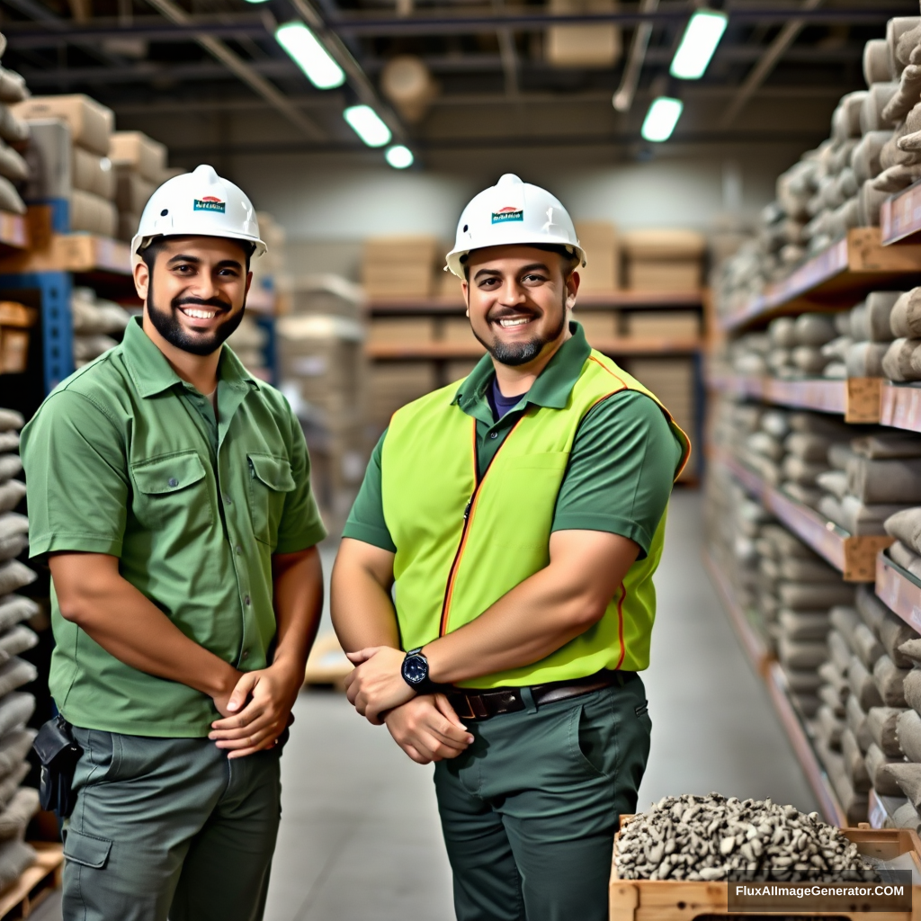 Construction store salesmen in green uniforms smile and sell cement. - Image