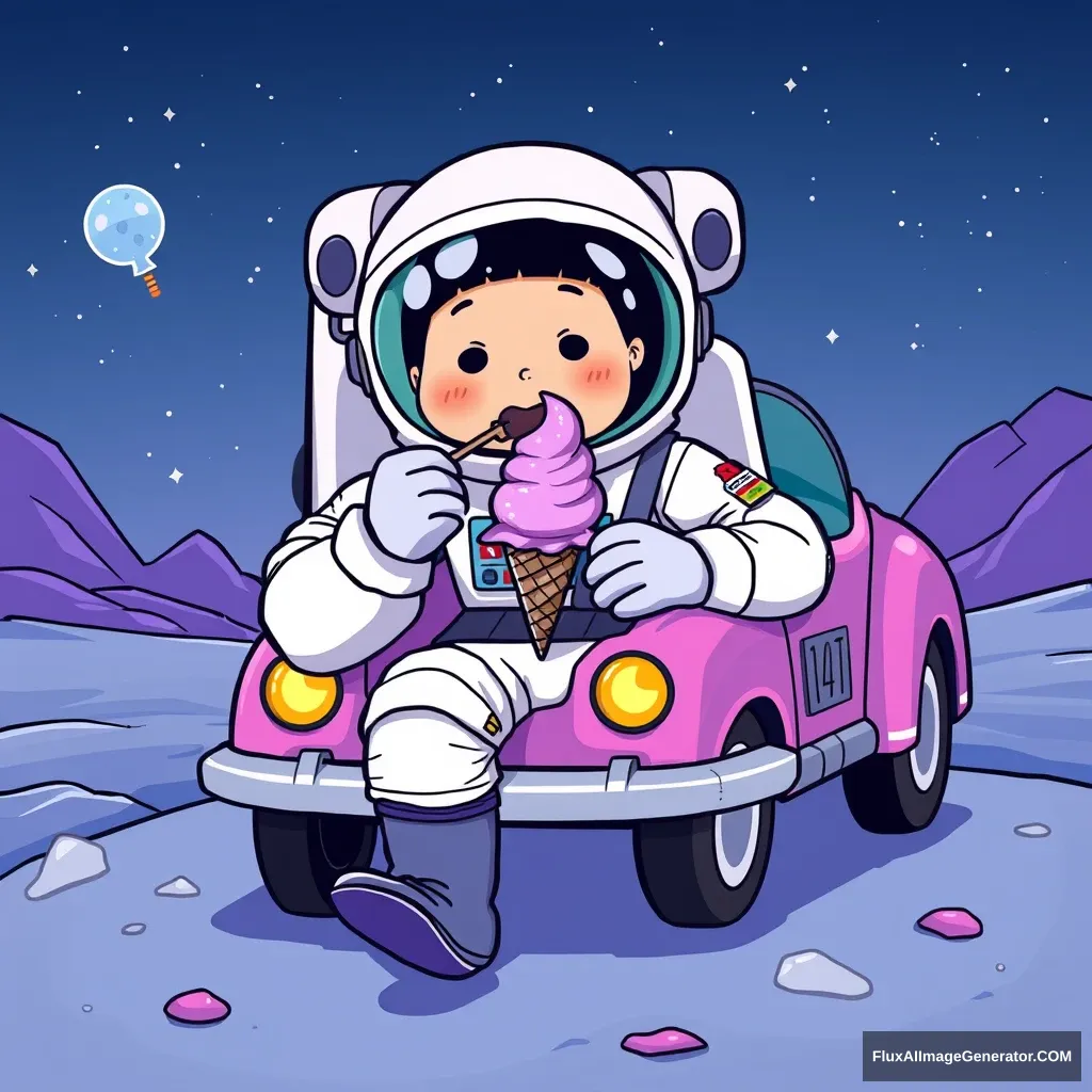 1car, astronaut, eating purple ice cream - Image