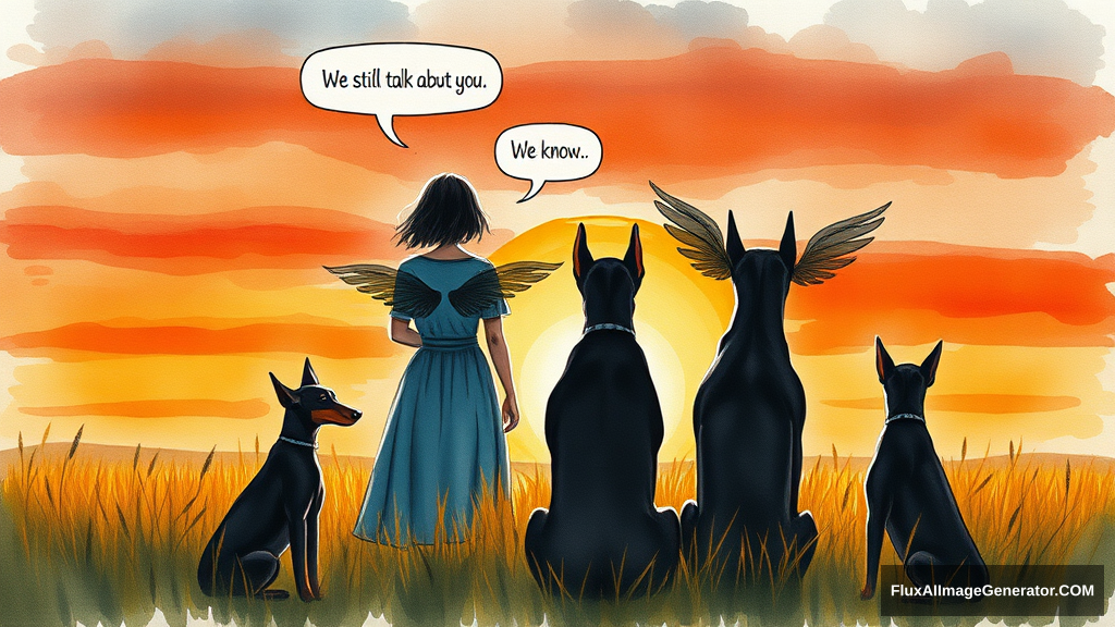 Messy hand drawn watercolor illustration: 2 male figures, 2 female figures in a meadow at golden hour, silhouetted against a vibrant sunset sky. 3 ethereal ghostly winged canines, black and tan Doberman companions, sat beside them, facing away from the viewer. Speech bubbles float above: "We still talk about you" (person), "We know" (dog). Nostalgic atmosphere, brushstrokes convey wistful longing.