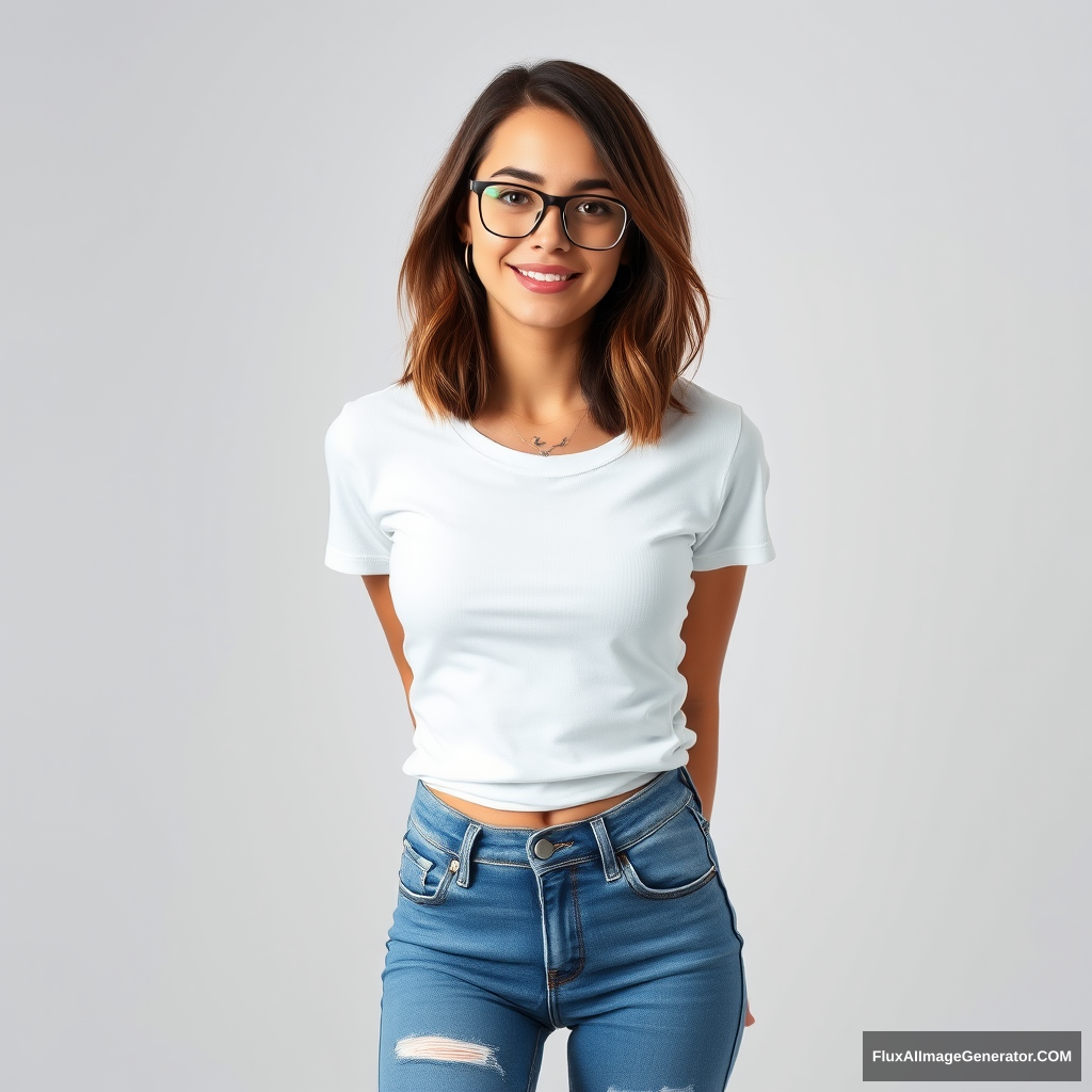 Beautiful 23-year-old woman with shoulder-length brown hair wearing a tight-fitting white t-shirt, tight low-cut worn blue jeans, and white Nike sneakers, with trendy black-framed clear glasses, looking directly at the camera with a cute smiling face and a cool neck tattoo.