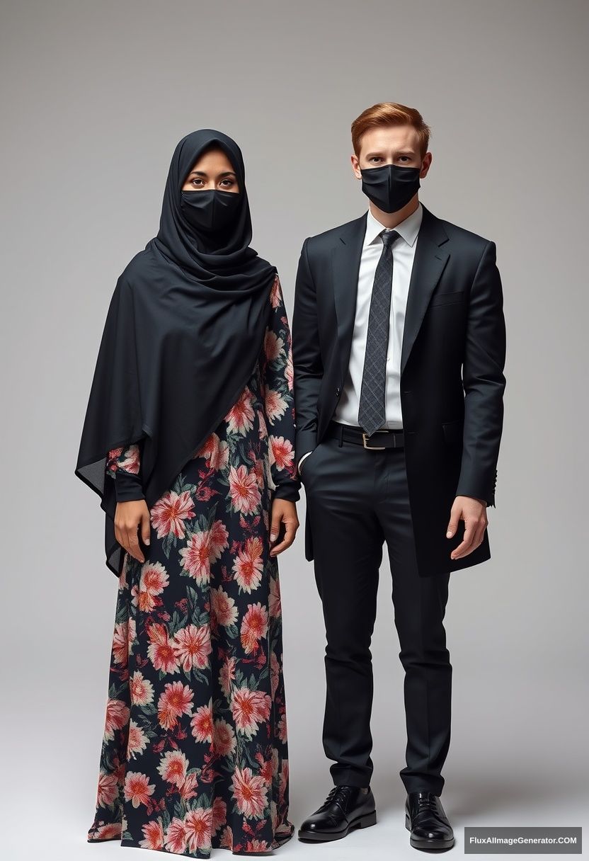 A biggest black hijab girl, slim girl, beautiful eyes, face mask black, biggest floral longest dress, standing

Jamie Dornan, youngest, black suit coat, white shirt, grey pattern tie, black leather sneaker, tall man, face mask black, fit tough body, standing near her,

hyper realistic, studio photography. - Image