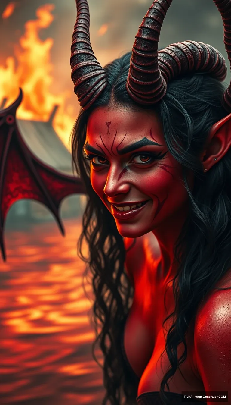 realistic red-skinned demon girl, long black wavy hair, twisted horns, demon girl, evil smirk, drawing, red water, demon wings in the background, the background of a burning house, a lot of small details, hyper detail, acceleration, speed, dark exposure, the highest quality, the highest detail, ambient lighting, intricate, exquisite details and textures, sharp focus, high resolution, detailed eyes, 8k uhd, nikon d850, high quality, film grain, hyper realistic skin (detailed skin:1.3) dynamic poses