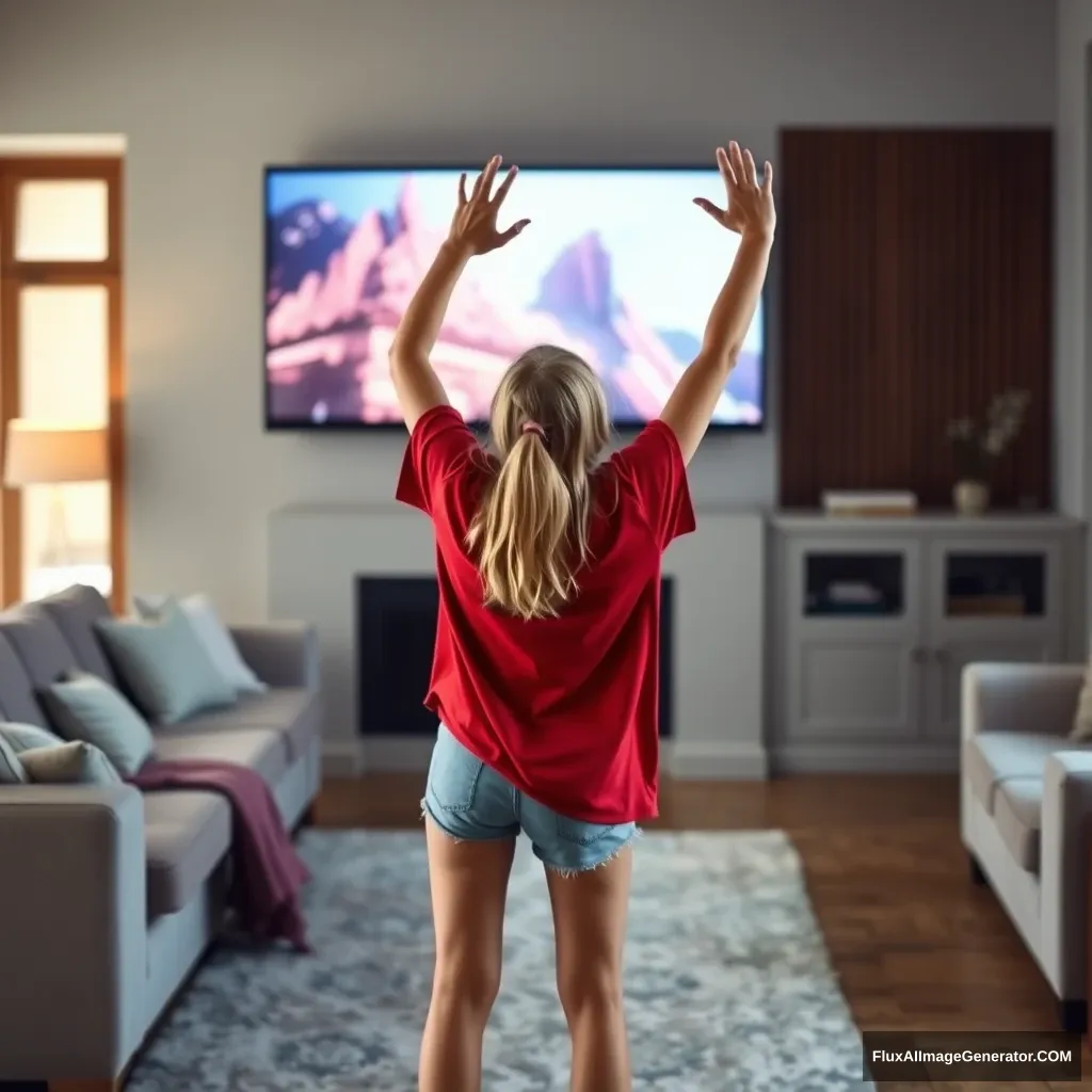 Side view of a blonde skinny woman in her early twenties in a massive living room, wearing a massively oversized red polo t-shirt that is slightly off balance on one shoulder, with the bottom part untucked. She is also wearing light blue denim shorts and has no shoes or socks on. Facing her TV, she dives into the magical screen by slowly raising her arms. - Image