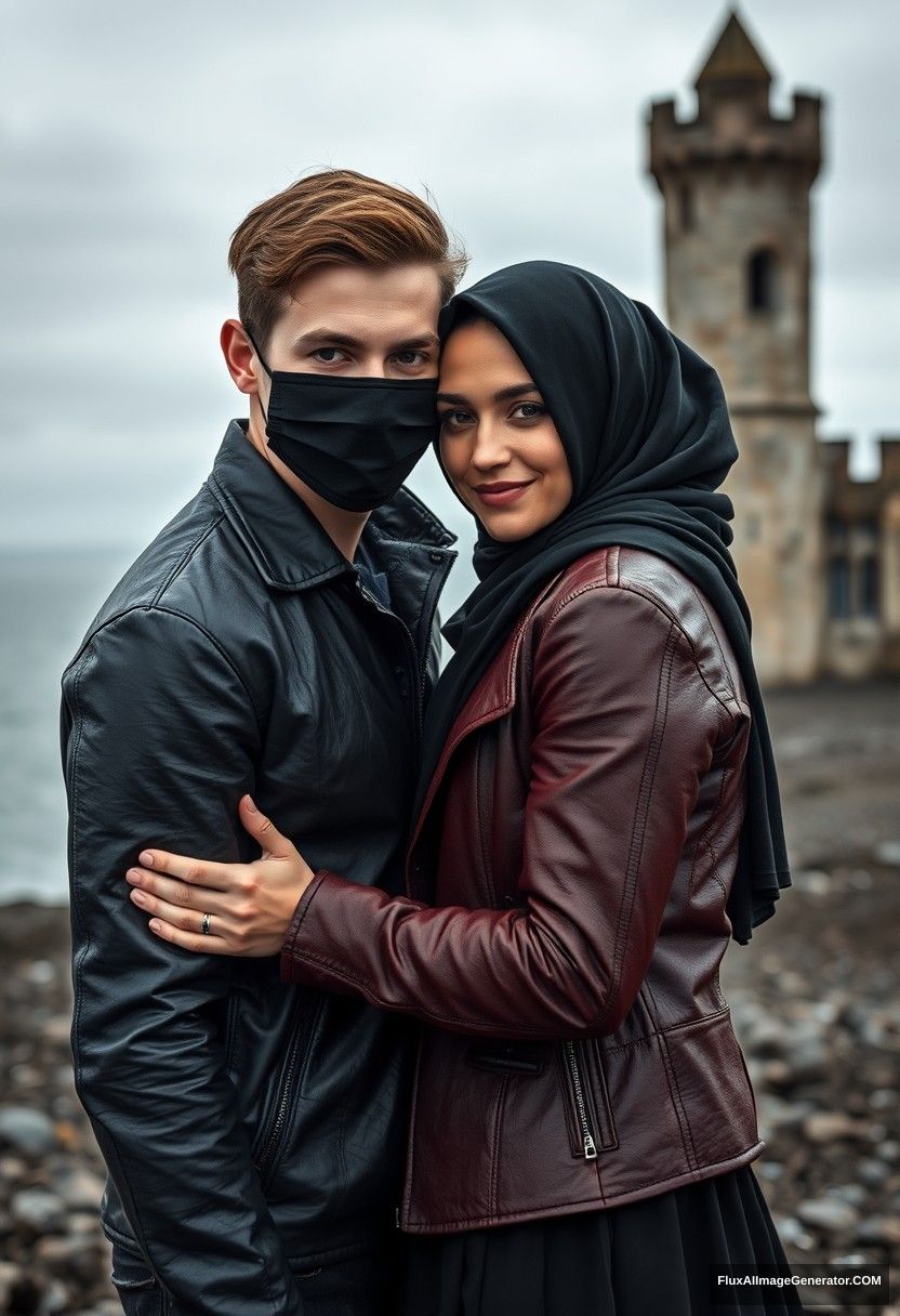 Jamie Dornan's head and body shot, handsome, youngest, black face mask, black leather jacket, dating, love hug with the biggest black hijab Muslim girl, not tall, beautiful eyes, face mask, maroon leather jacket, biggest black skirt, hyper-realistic, studio photography, full body photo, exploring at an abandoned castle, at sea, gloomy scenery.