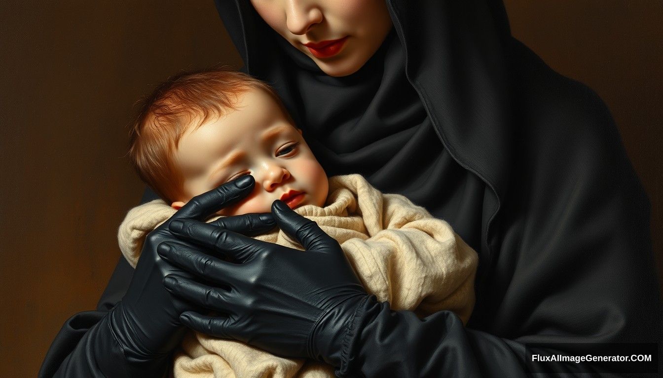 A pious woman is holding a baby boy. Wearing black gloves and a niqab, Maryam is a very devout woman, wearing a black sarong and a neck covered by a perfect hijab. Realistic, full body, oil painting, old. - Image