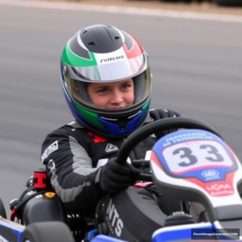 Young Italian driver competing in the Go Kart championship in Belgium, with a helmet that resembles the Italian flag and a blue, black, grey, and white livery.