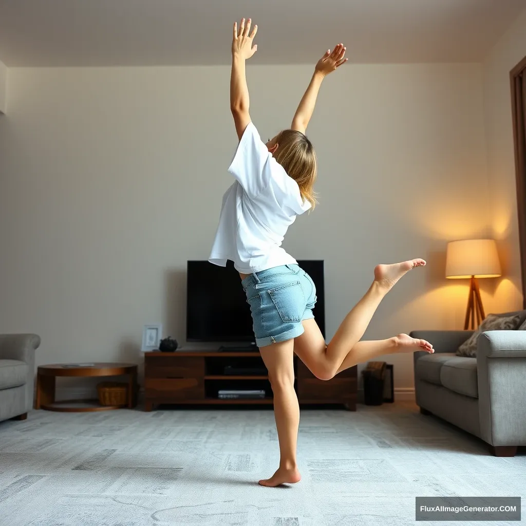 Side angle of a blonde skinny woman who is in her massive living room wearing a massively oversized white t-shirt which is also very off-balance on one of the sleeves for the shoulders, and wearing oversized light blue denim shorts that aren't rolled up. She is wearing no shoes or socks and she faces her TV, diving headfirst into it with both her arms raised below her head and her legs high up in the air at a 60-degree angle. - Image