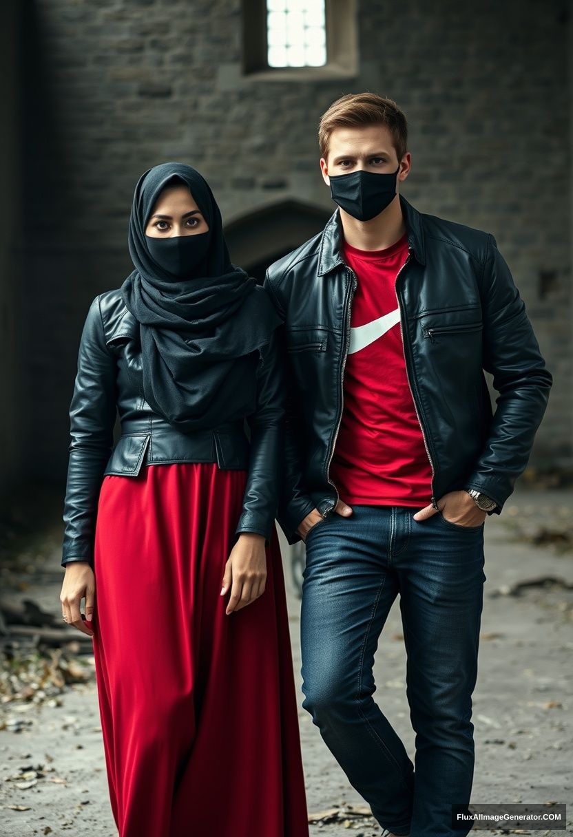 A largest black hijab girl, beautiful eyes, black face mask, black leather jacket, biggest red longest dress, short, laying next to him,

Jamie Dornan, handsome, black face mask, fit and tough body, Nike red t-shirt, black leather jacket, jeans, tall man, leaning against the wall

Hyper-realistic, photorealistic, studio photography, Victoria's abandoned castle, gloomy. - Image