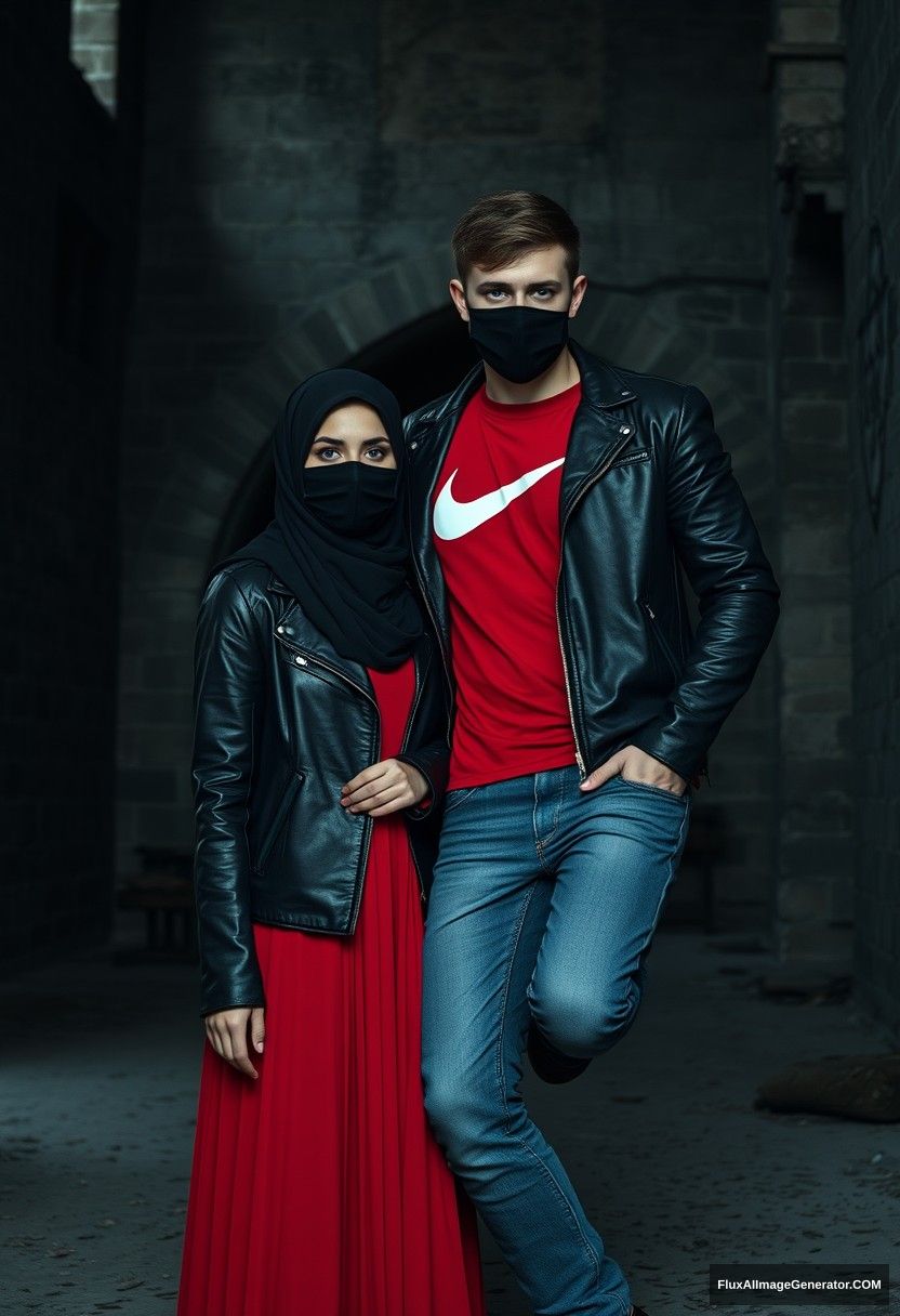 A biggest black hijab girl, beautiful eyes, face mask black, black leather jacket, biggest red longest dress, not tall,

Jamie Dornan, handsome, face mask black, fit and tough body, Nike red t-shirt, black leather jacket, jeans, tall man,

standing lean against the wall together,
Hyper realistic, photorealistic, studio photography, Victoria's abandoned castle, gloomy, darkness. - Image