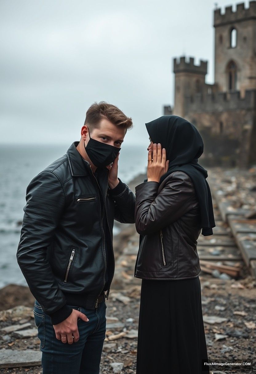 Jamie Dornan's head and body shot, handsome, youngest, black face mask, black leather jacket, jeans, dating, love with the biggest black hijab Muslim girl, not tall, beautiful eyes, face mask, maroon leather jacket, biggest black skirt, holding his shoulder, touching his face, hyper-realistic, studio photography, full body photo, exploring at an abandoned castle, at sea, gloomy scenery. - Image