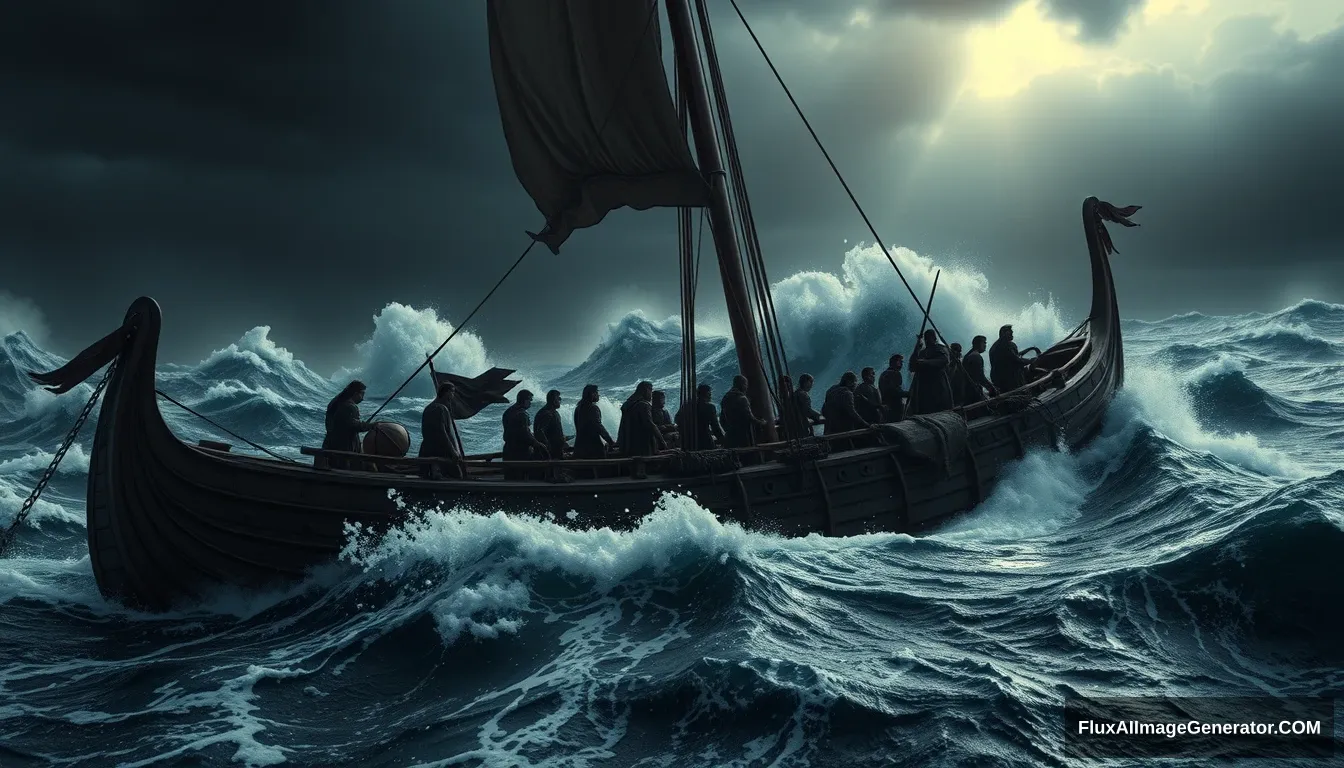 "An ancient wooden ship carrying thirty men from the Lakhm and Judzam tribes, struggling through a violent storm at sea, with huge waves crashing over the deck and dark, stormy skies. Ultra HD, realistic, dramatic, and cinematic lighting." - Image