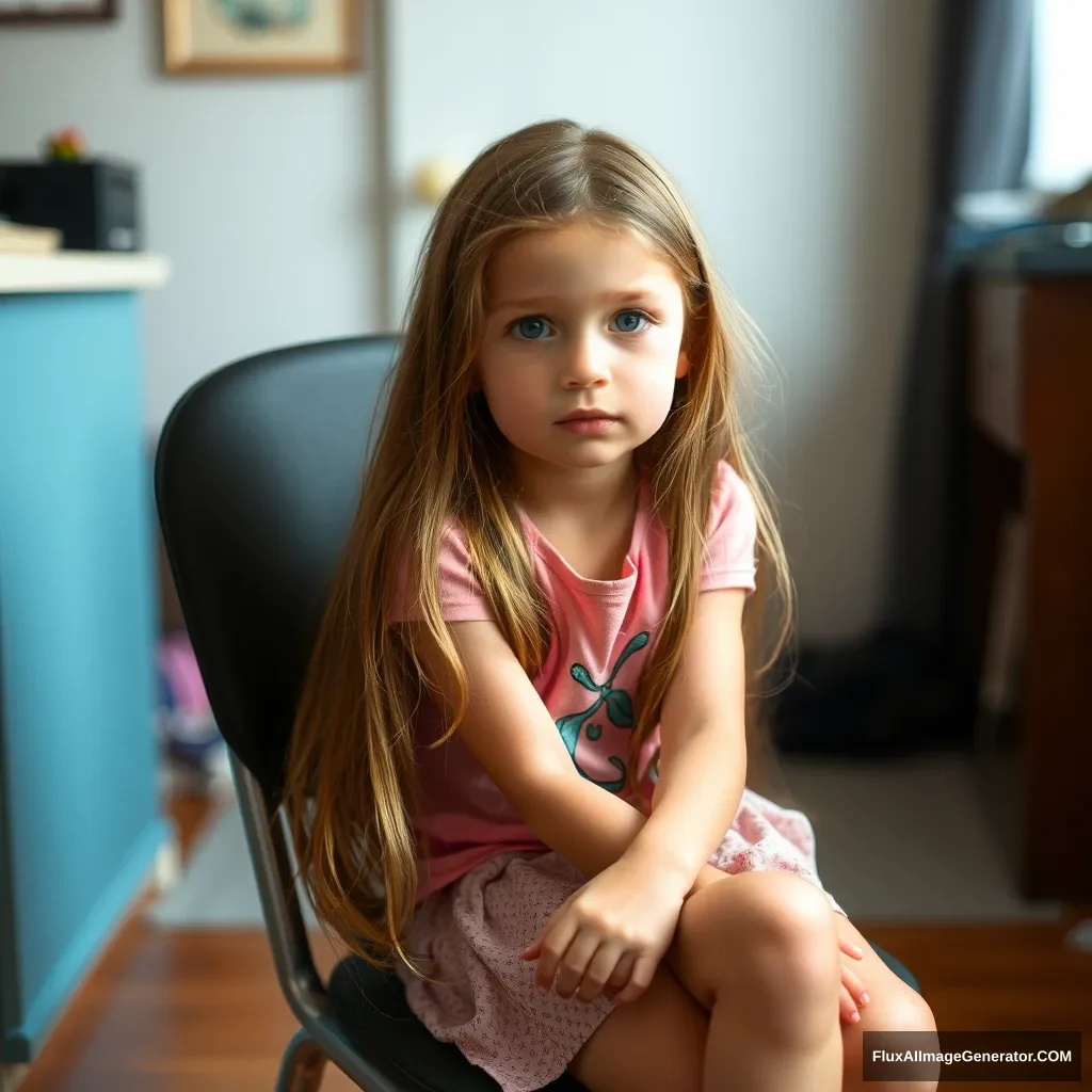 A girl with long hair is sitting on a chair in the room. - Image