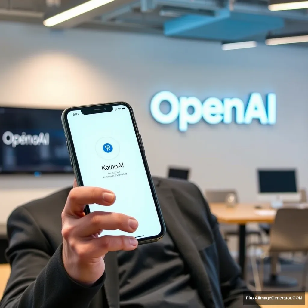 Elon Musk sostiene un teléfono y la pantalla del teléfono muestra la aplicación KainoAI, el fondo es la oficina de OpenAI.