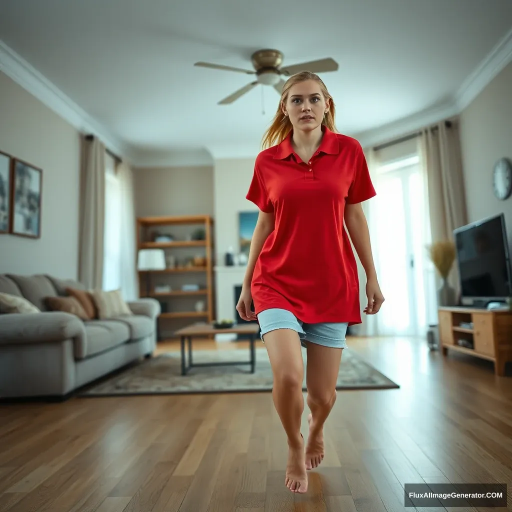 Front view of a blonde skinny woman in her early twenties, standing in her massive living room, wearing a massively oversized red polo shirt that is quite off-balance on one shoulder. The bottom part of her shirt is also untucked. She is wearing light blue denim shorts and has no shoes or socks on. She faces the camera, looking scared, and runs towards it with both her arms straight down.