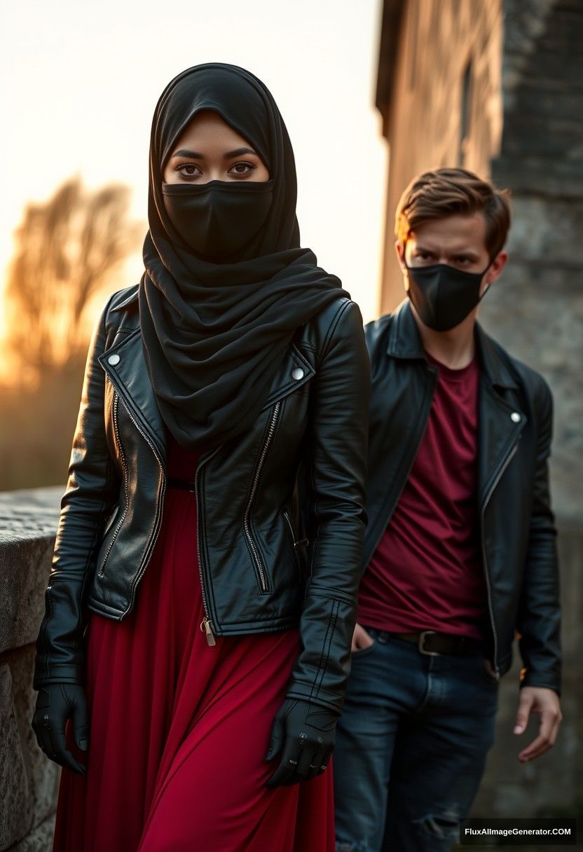 A big black hijab girl with beautiful eyes, wearing a black face mask, a black leather jacket, and the longest red dress, not tall.

Jamie Dornan, handsome, wearing a black face mask, with a fit and tough body, a red metal t-shirt, a black leather jacket, and jeans, a tall man.

Standing near a wall together, hyper-realistic, photorealistic street photography, in Victoria's abandoned castle at sunrise. - Image